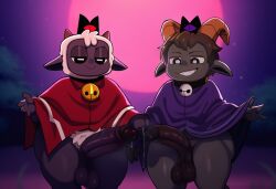 ai_generated anthro balls bell bell_collar big_balls big_penis black_body black_penis bodily_fluids bottomless cape caprine clothed clothing collar crown cult_of_the_lamb duo erection foreskin fur genital_fluids genitals goat_(cult_of_the_lamb) hair hi_res horn huge_cock humanoid_genitalia humanoid_penis lamb_(cult_of_the_lamb) looking_at_viewer male male/male mammal penis phantomlamb precum precum_drip precum_string red_crown_(cult_of_the_lamb) sheep smile vein veiny_penis