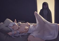 bed bulge_through_clothing dress elf erection fern_(sousou_no_frieren) frieren futanari huge_balls huge_cock sleeping small_breasts sousou_no_frieren succubustail