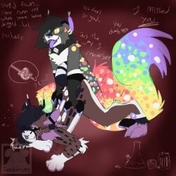 anthro antlers bodily_fluids canid canine claws confusion deer deer_serval drooling drugged drugged_sex duo felid feline female fox gem hair hi_res hooves horn hybrid hyena intersex intersex/female knot lavender_(pupcakepuppy04) long_hair long_tail mammal markings multicolored_hair piercing prism_(pupcakepuppy04) pupcakepuppy04 rainbow_hair saliva serval sex sharp_teeth short_tail sparklefur spots spotted_markings substance_intoxication tail tapering_tongue teeth tongue