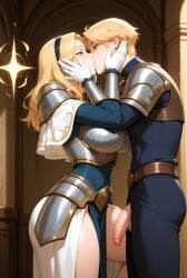 ai ai-created ai_art ai_assisted ai_generated big_breasts blonde-haired_male blonde_female bodysuit cock cupping_cheek flaccid_penis french_kiss kissing league_of_legends loving_couple luxanna_crownguard romance