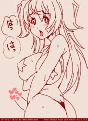 anzu_kuniyoshi blush breasts censored futanari g-string heart_censor holding_breast intersex large_breasts long_hair looking_at_viewer monochrome nanashi_mushi panting pasties penis sweat tongue_out voluptuous