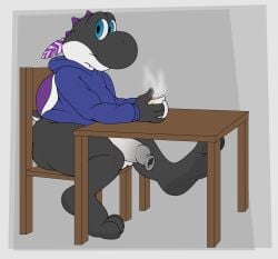 absurd_res anthro ass balls big_balls big_butt big_feet big_penis black_body blue_clothing blue_eyes blue_hoodie blue_topwear bottomless chair closed_smile clothed clothing container cup feet furniture genitals gradient_penis grey_penis hi_res holding_container holding_cup holding_mug holding_object hoodie julian_kurner_(verne_nicolaio) looking_at_viewer male male_anthro mario_bros mouth_closed mug multicolored_penis nintendo penis rokie38 simple_background sitting smile solo steam table topwear two_tone_penis white_body white_penis wide_hips yoshi