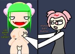2girls big_breasts crossover green_hair lesbian_sex meme natacha_(the_p-club) nude_female oh_oh_oh_sexy_vampire pink_hair pressing_breasts pushing_breasts_up radio_gosha spanish_dialogue spanish_text the_p-club vampire_girl vampire_girl_(radio_gosha) xgarex