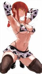 ai_assisted arched_back armpits chainsaw_man cow_girl makima_(chainsaw_man) plushyplant red_hair sexy squatting sweat white_background