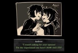 1boy 1girls 2d andrew_graves ashley_graves black_hair breasts brother_and_sister choker closed_eyes dialogue english_text female fuzzlogik green_eyes incest male nipple_pinch nipple_play nipples pinching_nipples ponytail shirt_lift siblings straight the_coffin_of_andy_and_leyley