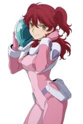 ai_generated female_villain freckles freckles_on_face ginger ginger_female ginger_hair gundam gundam_00 hair_between_eyes hazel_eyes helmet helmet_removed large_breasts mecha_pilot_suit mobile_suit_gundam nena_trinity pilot_suit tagme twintails twintails_(hairstyle) villainess yellow-eyed_female yellow_eyes