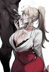 1boy ai_generated ass big_ass big_breasts black_body black_underwear blonde_female blonde_hair blowjob blue_eyes breasts cum cum_in_mouth cum_on_body cum_on_breasts cum_on_face dark-skinned_male dark_skin fellatio female gesture hakama haori japanese_clothes ksyra ksyraarts long_hair very_dark_skin