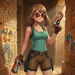 1girls 2d ai_generated blue_eyes brown_hair brunette_hair female female_focus female_only glasses hieroglyphics holster lara_croft_(cosplay) light_skin may_(pokemon) pistol pokemon pyramid rotom round_glasses shorts tank_top tomb_raider tomb_raider_(classic)