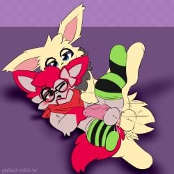 anal anal_sex balls bite blue_eyes blush bodily_fluids bow_tie cherrysylveon_(recon) clothing cum cum_in_ass cum_inside duo ear_bite eeveelution eyewear feral fur generation_1_pokemon generation_6_pokemon genital_fluids genitals glasses grey_body grey_fur hankerchief hi_res holding_body jolteon knot legwear looking_at_viewer male male/male nintendo one_eye_closed open_mouth paws penetration pokemon pokemon_(species) precum raised_paw red_body red_eyes red_fur rockii shadow simple_background sylveon tan_body tan_fur thigh_highs yellow_body yellow_fur