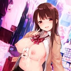 :d areolae blush bow bowtie braid breasts breasts_out brown_eyes brown_hair cardigan cum cum_on_body cum_on_breasts cum_on_upper_body dutch_angle female fuji-yama large_breasts long_hair looking_at_viewer name_tag navel nipples open_clothes open_mouth open_shirt outdoors puffy_nipples school_uniform shirt side_braid smile solo tied_hair