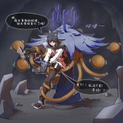 absurdres animal_ear_fluff animal_ears arknights bag black_hair bondage bound cave commentary_request defeat highres looking_down nomad_(nzdz2788) orange_eyes rape sex sex_from_behind tail tentacle tentacle_sex texas_(arknights) wolf_ears wolf_girl wolf_tail