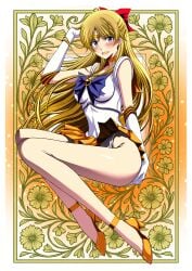 1girls aki_kitahara bishoujo_senshi_sailor_moon blonde_female blonde_hair blue_eyes female minako_aino red_ribbon ribbon sailor_venus short_skirt skirt thick_thighs thighs underwear upskirt white_underwear