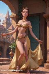 1girls ai_generated bare_shoulders beauty_and_the_beast_(1991_film) belle_(beauty_and_the_beast) bracelet braid breasts brown_hair closed_eyes day disney disney_princess earrings eyeshadow facing_viewer female full_body hi_res jewelry lips long_hair makeup medium_breasts navel necklace no_panties outdoors progenarts pussy sandals see-through skirt sky solo standing toes uncensored