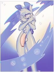 absurd_res anthro balls big_balls big_penis blue_body blue_fur blue_hair erection foreskin fur genitals grin hair hair_over_eyes hi_res huge_balls huge_cock humanoid_genitalia humanoid_penis lagomorph leporid low-angle_view male mammal nude penis rabbit smile solo xing1