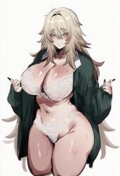 ai_generated ass big_ass big_breasts blonde_female blonde_hair blue_eyes breasts green_shirt japanese_clothes ksyra ksyraarts long_hair solo solo_female solo_focus stockings white_legwear white_stockings white_underwear