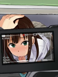 1boy :>= brown_hair camera fellatio female filming green_eyes hands_on_another's_head idolmaster idolmaster_cinderella_girls norimaki_(haru_koubou) oral penis pov recording school_uniform shibuya_rin uncensored