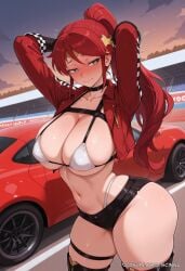 ai_generated bikini blush breasts car curvaceous curvaceous_body curvy curvy_body curvy_female female ground_vehicle highleg highleg_bikini long_hair looking_at_viewer motor_vehicle motorcycle navel pyrrha_nikos red_hair rwby scinna self_upload shorts solo stable_diffusion sweat swimsuit thighhighs thighs voluptuous voluptuous_body voluptuous_female
