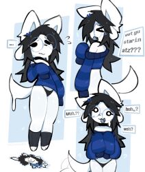 ... ? ?? ??? black_hair black_panties furry furry_female furry_only glasses huh? panties round_glasses solo solo_female sweater tail temmie temmie_(undertale) text text_box text_bubble undertale vixenisdum white_body white_fur
