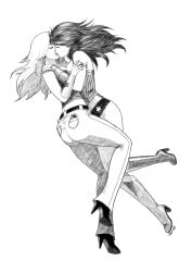 2girls adult_and_teenager adult_female age_difference ass black_and_white black_hair blonde_hair cassie_sandsmark clothed dc dc_comics diana_of_themyscira diana_prince female female_only flying flying_kiss hawkgirl_(artist) heels high_heels jeans justice_league kissing long_hair midriff monochrome romantic teenage_girl wonder_girl wonder_woman wonder_woman_(series) yuri