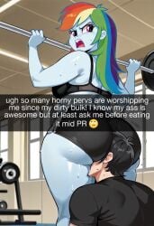 ai_generated ass ass_bigger_than_head ass_focus ass_worship bbw big_ass big_butt booty_shorts bra daballsman equestria_girls fat fat_ass femdom gym_clothes gym_shorts gym_uniform hotpants huge_ass human human_male human_on_anthro illustrious_(stable_diffusion) my_little_pony overweight rainbow_dash_(mlp) snapchat thick_ass thick_thighs wide_hips