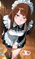 ai_generated bangs brown_eyes brown_hair demon_slayer emotionless kimetsu_no_yaiba long_hair looking_at_viewer looking_up maid maid_apron maid_headdress maid_outfit maid_uniform money money_on_floor my_hero_academia nonchalant pale_skin panties panties_down panties_on_floor skirt skirt_pull tilted_head