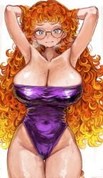ai_generated armpits glasses leotard massive_breasts milf mommy nervous orange_hair original plushyplant sexy sweat tight_clothing