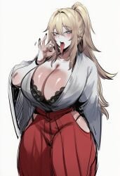 ai_generated ass big_ass big_breasts black_underwear blonde_female blonde_hair blue_eyes breasts fellatio gesture hakama haori japanese_clothes ksyra ksyraarts long_hair solo solo_female solo_focus