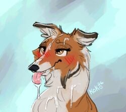 2026 bedroom_eyes black_ears black_nose blue_background blue_text blush blush_lines bodily_fluids brown_eyebrows brown_eyes canid canine canis cheek_tuft circle_eyebrows closed_smile collie colored cum cum_drip cum_dripping_from_mouth cum_on_face cum_on_fur cum_on_head cum_on_neck cum_on_snout cum_on_tongue dated digital_drawing_(artwork) digital_media_(artwork) domestic_dog dripping eyebrows eyelashes facial_tuft female female_focus feral feral_focus fur genital_fluids happy herding_dog long_eyelashes mammal mouth_closed multicolored_body multicolored_fur narrowed_eyes neck_tuft pastoral_dog pink_tongue queenkoko red_blush seductive sheepdog signature simple_background smile snout solo solo_focus teeth text tongue tongue_out tuft white_inner_ear