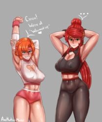 2girls abs absurdres aestheticc-meme big_breasts blush bra breasts cleavage english_text female female_only gym_clothes high_ponytail highres large_breasts long_hair looking_at_viewer multiple_girls nora_valkyrie pink_shorts ponytail pussy_juice pyrrha_nikos red_hair rwby shiny_hair shiny_skin shorts sports_bra text tight_clothing workout