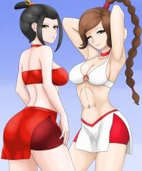2d 2d_(artwork) 2girls ale_131 alternate_version_available avatar_the_last_airbender azula back back_view bikini black_hair brown_hair day fanart fanart_from_twitter female front_view high_resolution highres light-skinned_female light_skin looking_at_viewer one_eye_closed outdoors sexy skorts sky slim_girl smiling smiling_at_viewer standing swimsuit ty_lee young younger_female