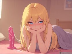 after_sex ai_generated bangs bare_shoulders bed bed_sheet blanket blonde_hair blue_eyes blush breasts cleavage closed_mouth cum cum_string cute dildo embarrassed female hair_between_eyes head_rest indoors long_hair looking_away looking_to_the_side lying on_bed on_stomach orgasm_face pillow protocolxmilks sex_toy solo sweat under_covers