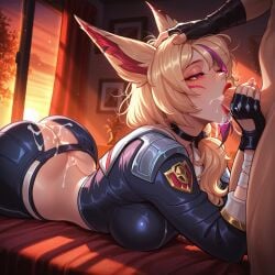 ai_generated battle_academia_series battle_academia_xayah big_breasts blowjob brocolibaron curvy curvy_figure fellatio league_of_legends sexy vastaya xayah