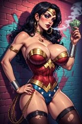 1girls ai_generated black_hair cigarette collar corruption dc dc_comics fake_art gold_collar prostitute prostitution smoking tagme tattoo whore wonder_woman wonder_woman_(series)