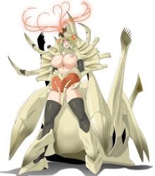 adapted_costume alien areolae armor bikini_armor blonde_hair blue_eyes breasts cosplay daiei_film egg egg_sac female gamera_(series) glowing glowing_eyes highres kaiju large_breasts legion_(kaiju) looking_at_viewer looking_down monster monster_girl nipples pasties personification revealing_clothes saizu_nitou_gunsou simple_background space_monster underboob white_background