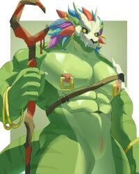 2026 5_fingers abs animal_genitalia anthro big_muscles big_pecs bone bone_mask bracelet digital_media_(artwork) feathered_headdress fingers genital_slit genitals green_body hi_res holding_object holding_staff jewelry leather leather_strap lihzahrd lizard male mask mostly_nude muscular muscular_anthro muscular_male navel necklace nipple_piercing nipple_ring nipples obliques pecs pendant piercing portrait reptile ring_piercing scalie serratus skull skull_accessory skull_mask solo staff straps tail terraria three-quarter_portrait tribal wiltbergerfeis1 witch_doctor_(terraria) yellow_eyes