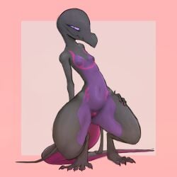 1:1 anthro breasts countershading crouching defined_muscles digitigrade female generation_7_pokemon genitals hand_behind_butt hand_on_hip looking_at_viewer markings nintendo pokemon pokemon_(species) salazzle simple_background small_breasts small_waist solo spread_legs spreading thick_thighs varlastreak vulva