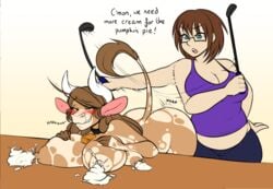 2girls anthro blush breasts cow_ears cow_girl cow_horns cow_tail cowbell female glasses human human_on_anthro lactation madamsquiggles moodam_(madamsquiggles) multi_breast raised_tail riding_crop text yuri