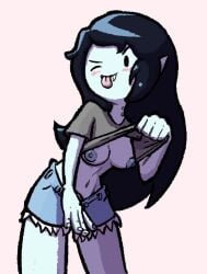 1girls 2024 adventure_time black_hair blue_nipples blush breasts cartoon_network fangs female female_only flashing flashing_breasts gorllus grey_body grey_skin jean_shorts long_hair marceline marceline_abadeer nipples pink_background shirt_lift shorts sticking_out_tongue t-shirt tongue tongue_out vampire vampire_girl