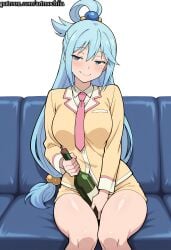 1girl ai_generated anime aqua_(konosuba) artmochiia bean_bag_chair big_breasts blue_eyes blue_hair blush breasts breasts_out closed_mouth controller couch curvaceous curvaceous_female curvaceous_figure curvy curvy_figure eyebrows_visible_through_hair fanart female female_focus female_only hair_between_eyes hair_bobbles hair_ornament hair_rings holding kono_subarashii_sekai_ni_shukufuku_wo! konosuba large_breasts long_hair looking_at_viewer necktie nipples on_couch pillow shirt simple_background sitting skirt smile solo uncensored very_long_hair voluptuous voluptuous_female white_background