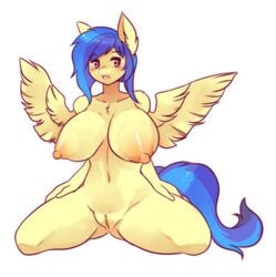 anthro areola big_breasts blue_hair breasts brown_eyes equine fan_character feathered_wings feathers female fur furry furry_only hair huge_breasts kneeling large_breasts mammal my_little_pony navel nipples nude open_mouth pegasus pussy raikissu silvia_windmane solo tail thick_thighs wings