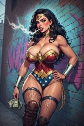 1girls ai_generated black_hair cigarette collar corruption dc dc_comics fake_art gold_collar prostitute prostitution smoking tagme tattoo whore wonder_woman wonder_woman_(series)