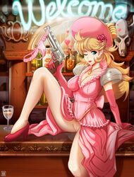 alcohol alluring annie_(wild_guns) bar blonde_hair blue_eyes blush bottle breasts cleavage cup dress drinking_glass drunk elbow_gloves female flower gloves gun hair_flower hair_ornament handgun heart high_heels highres hmage indoors jewelry light_smile lipstick long_hair makeup necklace neon_lights no_bra panties panties_removed pink_dress pink_gloves pink_panties revolver solo trigger_discipline underwear watermark weapon wild_guns wine_glass wink