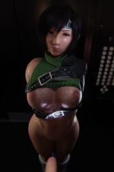 1boy 1girls biting_lip black_hair black_hair_female breasts elevator final_fantasy final_fantasy_vii final_fantasy_vii_intergrade final_fantasy_vii_rebirth final_fantasy_vii_remake kunoichi ninja ninja_girl nordehartet revealing_breasts yuffie_kisaragi