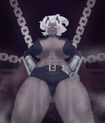 background clothed helltaker huff judgement_(helltaker) steam steaming_body steamy sweat sweatdrop sweating sweaty sweaty_body wishiastar