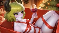 ahoge ai_dota_ai ai_generated artist_name black_sclera blunt_bangs box breasts christmas christmas_tree collarbone colored_sclera colored_skin cup demon_girl dota_2 drinking_glass female fireplace freckles gift gift_box green_eyes green_hair holding holding_cup horns in_box in_container looking_at_viewer medium_breasts naked_ribbon navel pugna_(pugna's_quest) red_ribbon ribbon short_hair smile solo wine wine_glass