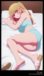 1girl 4k 8k ai_generated anime ass bangs bed blonde_hair blue body breasts content crop explicit eyes feets female full hair high hoshino_ruby legs lying masterpiece mature medium mini multicolored nsfw on on_side oshi_no_ko outfit pencil perfect pink polished pupils quality resolution sandals screencap sexy side sidelocks skirt solo summer symbol-shaped tight tiles toenails toes top two-tone vagina view