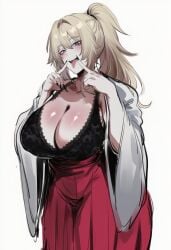 ai_generated ass big_ass big_breasts black_underwear blonde_female blonde_hair blue_eyes breasts hakama haori japanese_clothes ksyra ksyraarts long_hair solo solo_female solo_focus
