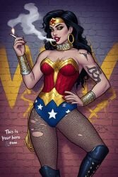 1girls ai_generated black_hair cigarette collar corruption dc dc_comics female female_only gold_collar prostitute prostitution smoking tattoo whore wonder_woman wonder_woman_(series)