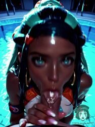 1boy ai_generated ai_video alberist aqua_hair audio black_hair blue_eyes cum cum_in_mouth cum_on_face dark-skinned_female deepthroat fellatio female hair_ornament hoop_earrings large_breasts large_penis looking_at_viewer moaning moaning_on_cock nessa_(pokemon) oral oral_sex pokemon pool pov streaked_hair tagme thick_lips video wet