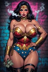 1girls ai_generated black_hair cigarette collar corruption dc dc_comics fake_art gold_collar prostitute prostitution smoking tagme tattoo whore wonder_woman wonder_woman_(series)